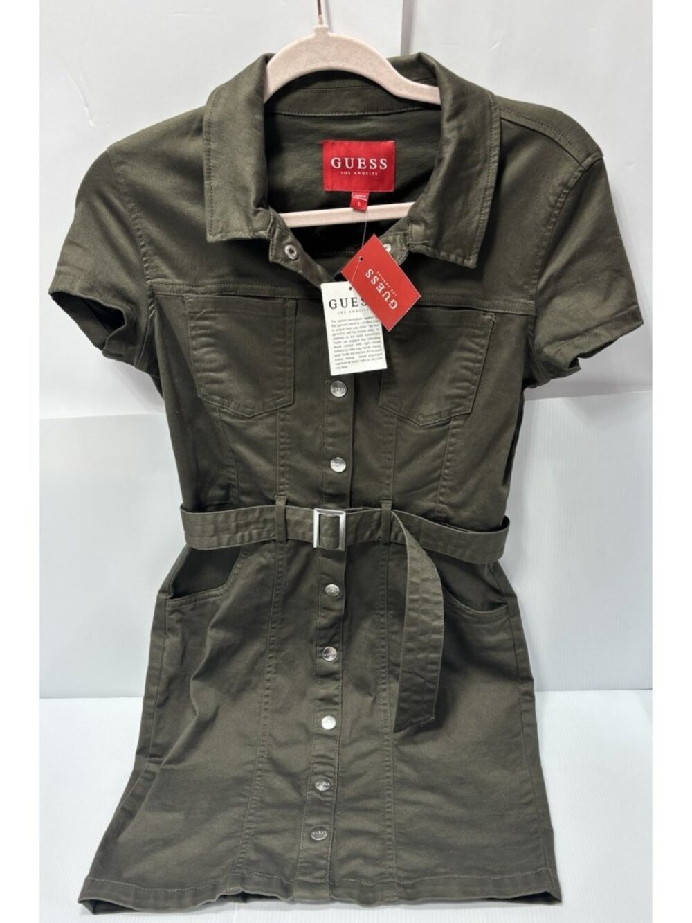 GUESS Women's Olive Green Utility Dress - Mini Shirt Dress with Belt Small -NEW